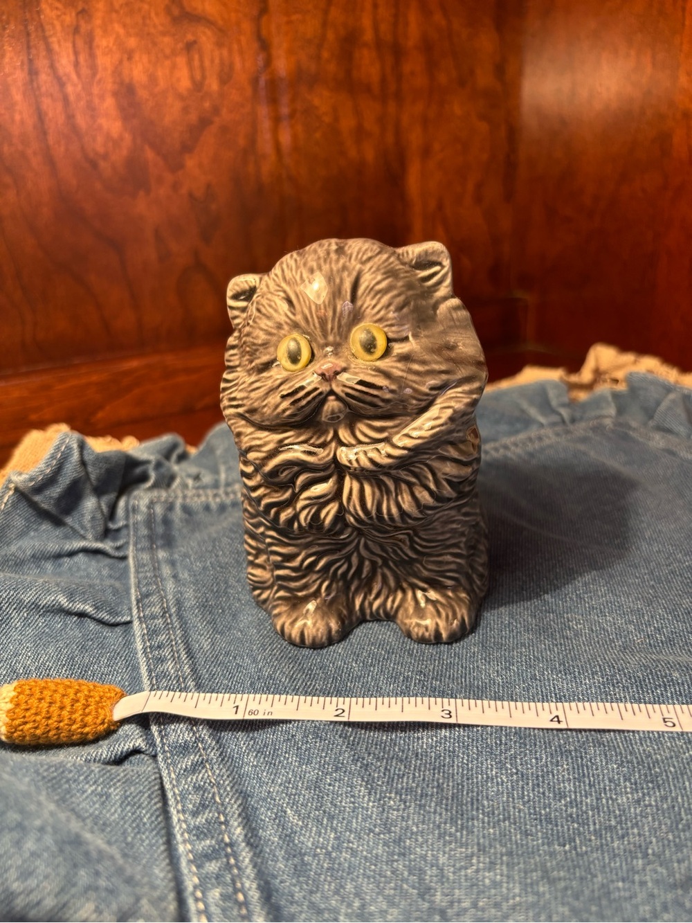 Vintage Ceramic Fluffy Cat Figurine - Gray with Yellow Eyes